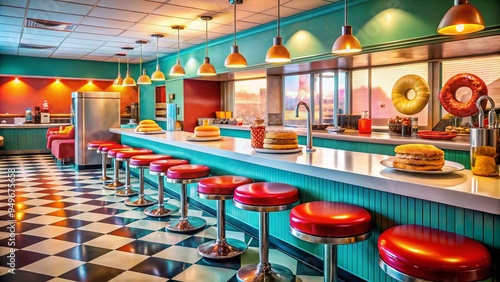 retro diner aesthetic bright bold colors donuts on vintage Formica counter chrome decorations nostalgic lighting busy diner atmosphere bustling morning scene photo