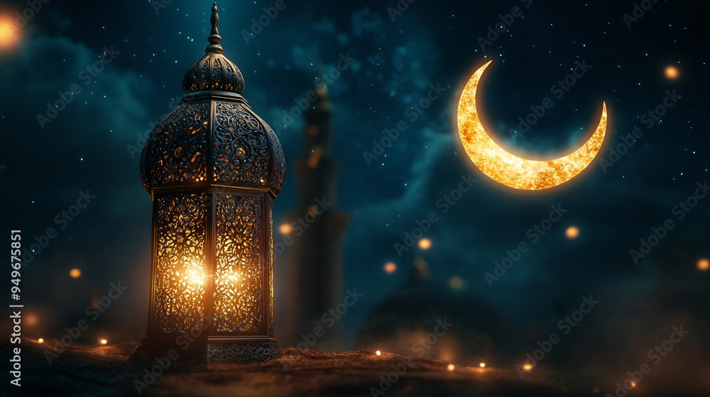 Beautiful lantern glowing under a crescent moon in a nighttime sky with stars and clouds, creating a serene and mystical atmosphere Beautiful lantern glowing under a crescent moon in a nighttime sky with stars and clouds, creating a serene and mystical atmosphere