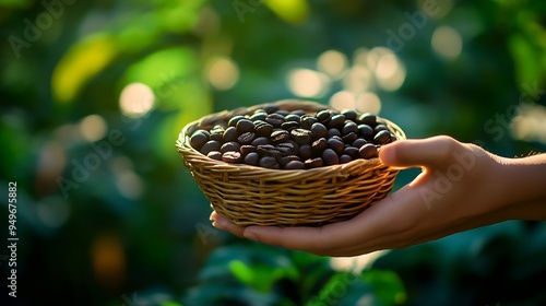 Holiday at coffee plantationa hand with a basket of coffee bean : Generative AI photo