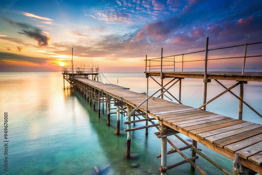 Naklejka premium Coastal pier scaffolding, worn wooden planks, serene ocean views, soft pastel colors, peaceful and calming concept