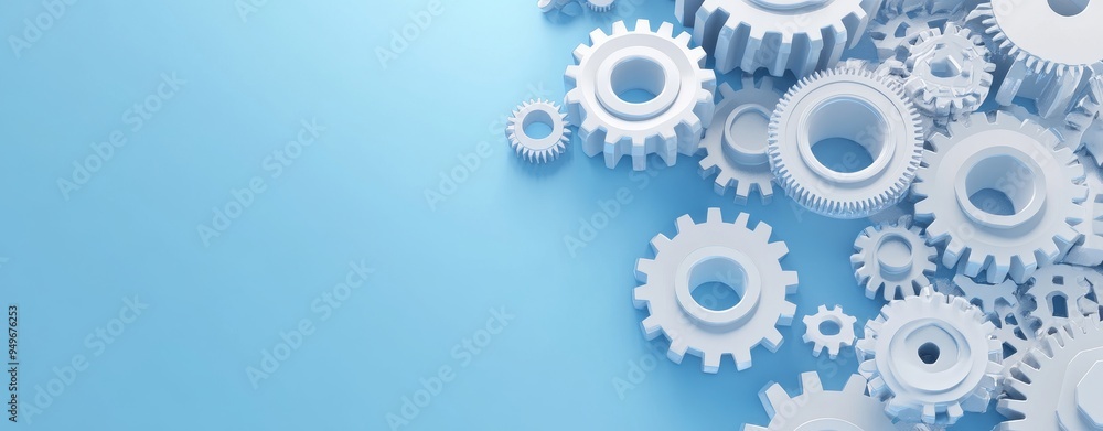 White gears interlocked on a blue background, symbolizing teamwork, collaboration, engineering, mechanics, and innovation. White gears interlocked on a blue background, symbolizing teamwork, collaboration, engineering, mechanics, and innovation.