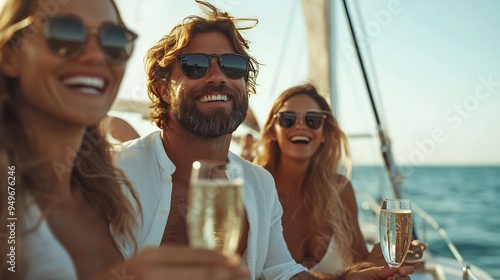Group of man and woman friends enjoy party drinking champagne together while catamaran boat sailing in summer sunny day Male and female relax outdoor lifestyle on sail yacht tropical t : Generative AI