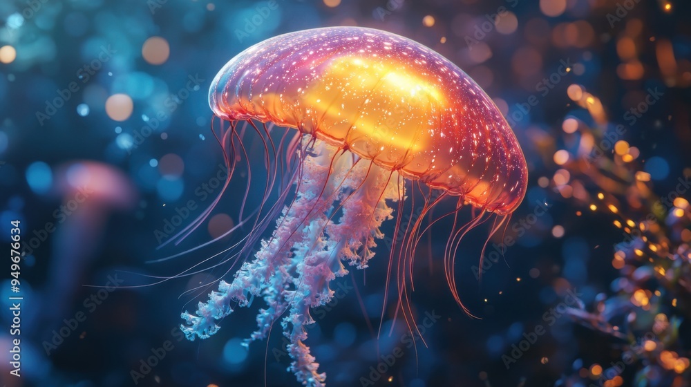 Ethereal Jellyfish Glowing in Candy Sea, Vibrant Underwater Scene of Bioluminescent Aquatic Creature Ethereal Jellyfish Glowing in Candy Sea, Vibrant Underwater Scene of Bioluminescent Aquatic Creature