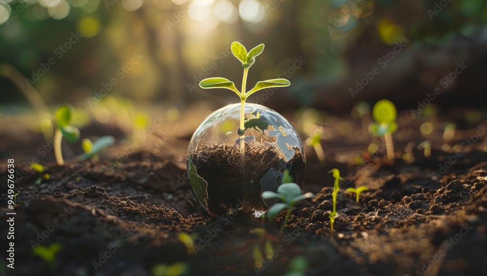 A Tiny Sprout Grows Within a Glass Globe Representing the Earth A Tiny Sprout Grows Within a Glass Globe Representing the Earth