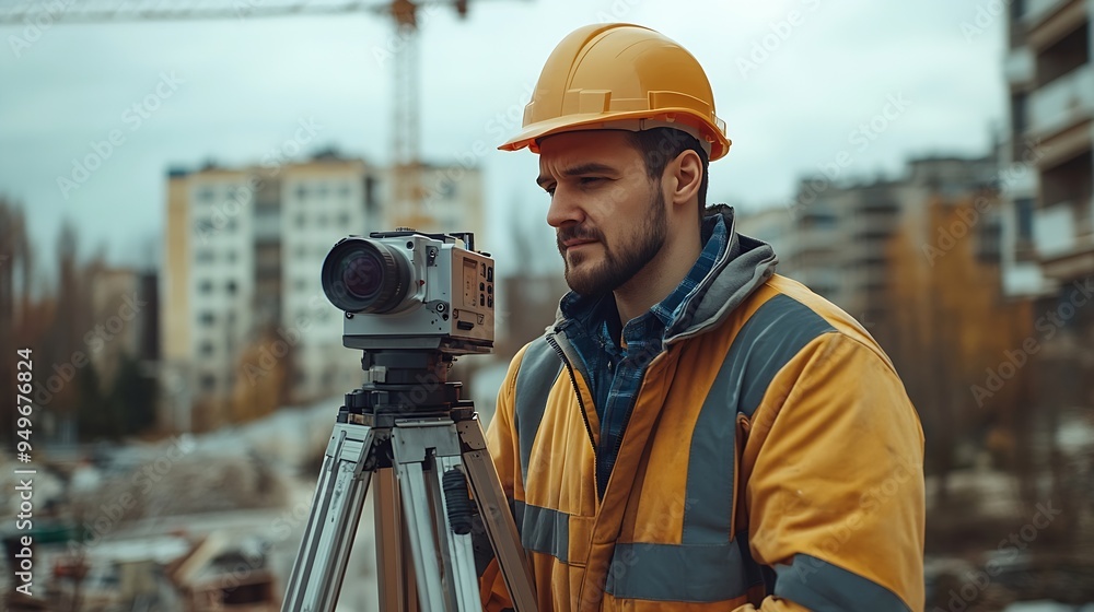A man site engineer surveyor working with theodolite total station EDM equipment on a building construction site outdoors : Generative AI A man site engineer surveyor working with theodolite total station EDM equipment on a building construction site outdoors : Generative AI
