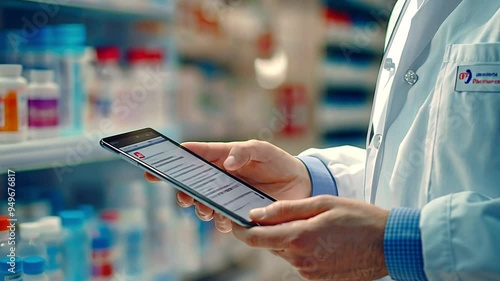 A chemist and pharmacy clerk is utilizing a digital tablet to search for active ingredients, drug side effects, and internet medication remedies while they are manning the cash register at the pharmac photo