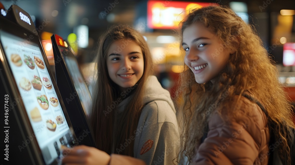 Two girl friends orders food and lunch at a fast food restaurant using a selfservice kiosk or a terminal with a screen Modern commerce equipment : Generative AI Two girl friends orders food and lunch at a fast food restaurant using a selfservice kiosk or a terminal with a screen Modern commerce equipment : Generative AI