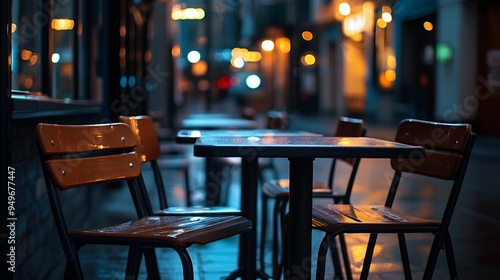 A closeup shot of tables and chairs of an empty restaurant taken from the street during night : Generative AI