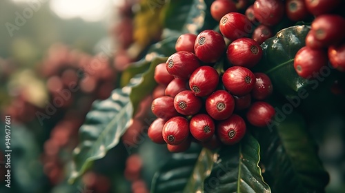 Red coffee cherries at the Liza coffee cooperative in the Lake Kiva region of Rwanda : Generative AI photo