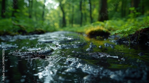 A small stream flows through a lush forest, with green grass lining its banks.