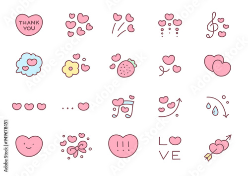 Kawaii St. Valentine day icon set. Collection of cute hand drawn abstract illustrations with hearts isolated on a white background. Vector 10 EPS.