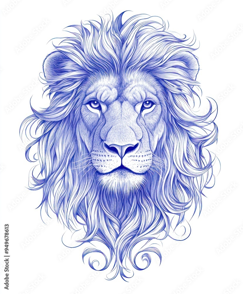 Fototapeta premium A detailed blue illustration of a lion's head with a flowing mane.