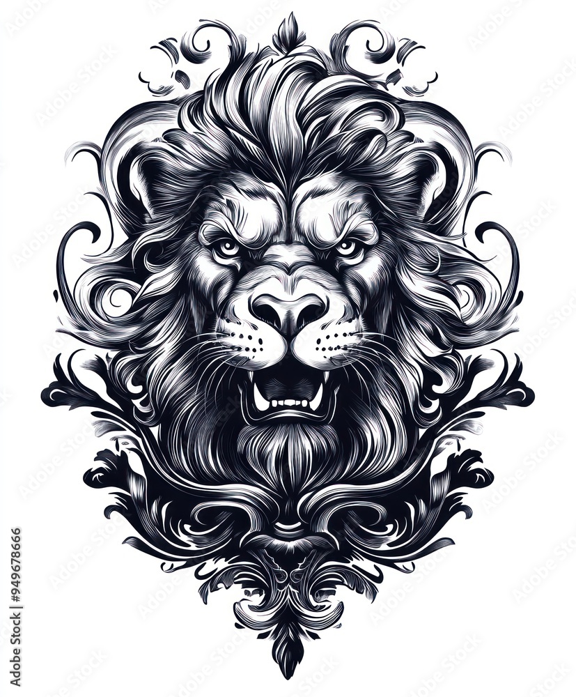 Obraz premium A detailed illustration of a lion's head surrounded by ornate decorative elements.