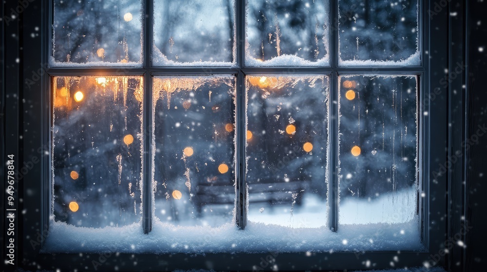 A gentle snowfall through a translucent window, creating a serene and delicate veil of transparency with soft light filtering through. A gentle snowfall through a translucent window, creating a serene and delicate veil of transparency with soft light filtering through.