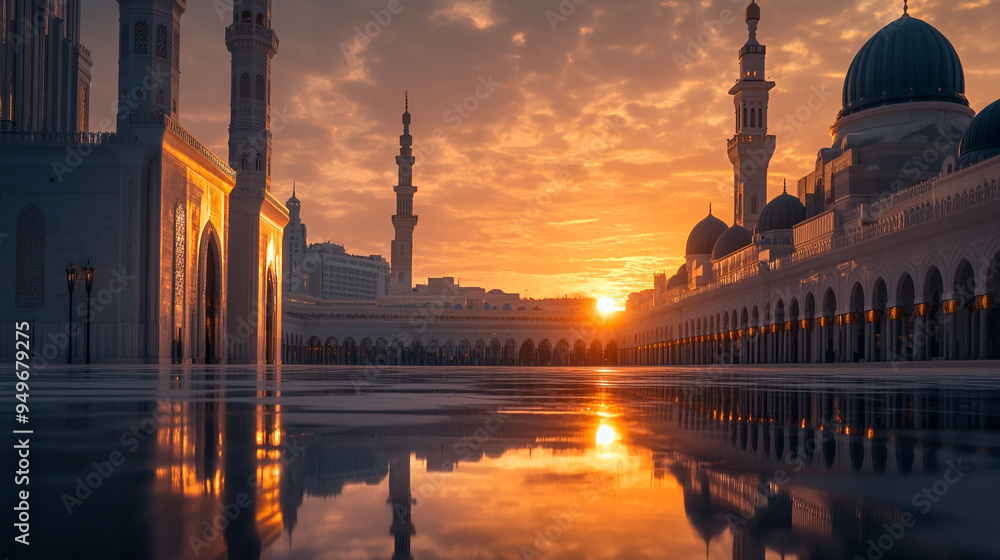 Fototapeta premium Golden sunset reflecting on the courtyard of a grand mosque with towering minarets in a serene city landscape