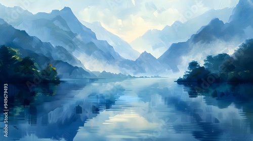 Sunrise over a peaceful lake, crystal-clear water reflecting towering mountains, painted with precise, flowing strokes + oil painting style + Hand brush painting