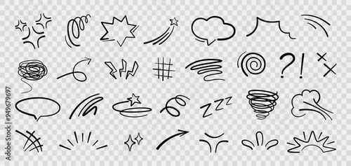 Handdrawn anime manga doodle line elements set. Collection of graphic effects for character emotion. Vector illustration of express shape, anime movement on transparent background 