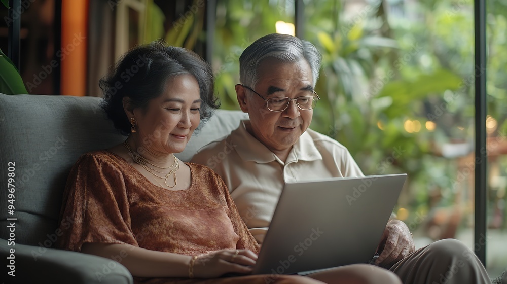 Home relax and senior couple with laptop on sofa for online travel booking information and decision Man woman and love with tech in living room for trip plan web registration and readi : Generative AI Home relax and senior couple with laptop on sofa for online travel booking information and decision Man woman and love with tech in living room for trip plan web registration and readi : Generative AI