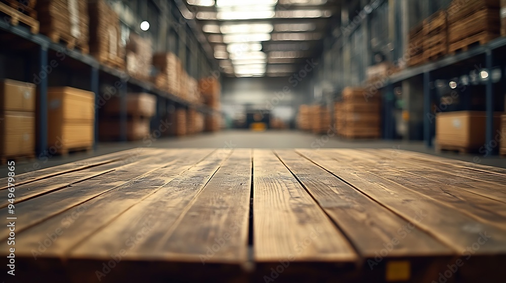 The empty wooden table top with blur background of warehouse storage Exuberant image : Generative AI The empty wooden table top with blur background of warehouse storage Exuberant image : Generative AI