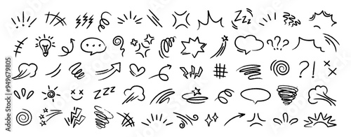 Set of black hand drawn anime manga doodle grunge line elements curved charcoal, chalk arrows, speech bubble, abstract shapes, graphic effects for character emotion. Scribble stroke symbols vector 