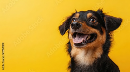 Happy dog with a twinkling eye and a big smile, isolated on a vibrant yellow background, ideal for cheerful designs