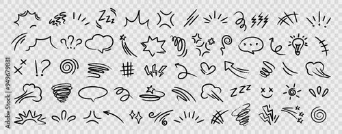 Set of black hand drawn anime manga doodle grunge line elements curved charcoal, chalk arrows, speech bubble, abstract shapes, graphic effects for character emotion. Scribble stroke symbols vector 