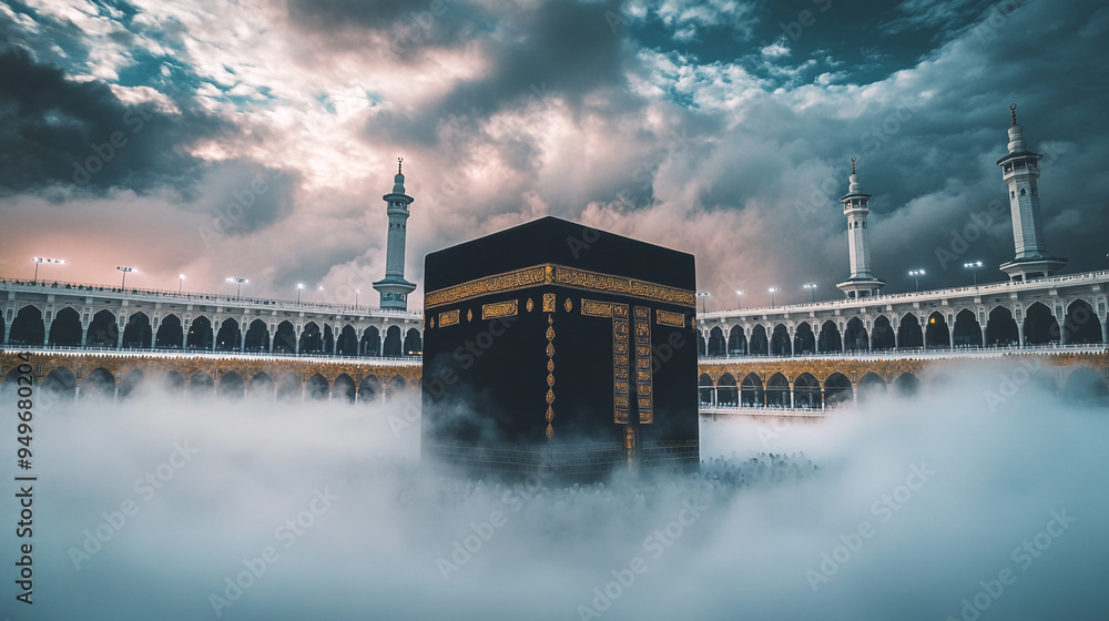 The Kaaba surrounded by mist at sunrise in Mecca, showcasing spiritual significance and architectural beauty The Kaaba surrounded by mist at sunrise in Mecca, showcasing spiritual significance and architectural beauty