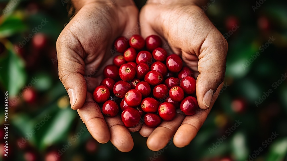 organic red berries coffee beans in hands : Generative AI organic red berries coffee beans in hands : Generative AI
