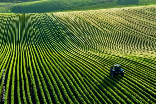 Precision agriculture with autonomous machinery planting and harvesting. Fields with precise rows of crops, Generative AI