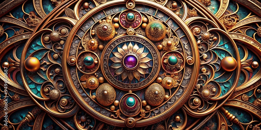 ornate art nouveau circle patterns on intricate metalwork with lavish details and rich jewel tones in opulent luxurious settings ornate art nouveau circle patterns on intricate metalwork with lavish details and rich jewel tones in opulent luxurious settings