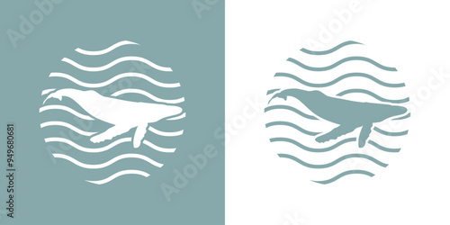 Logo acuario. Silueta de ballena con olas de mar