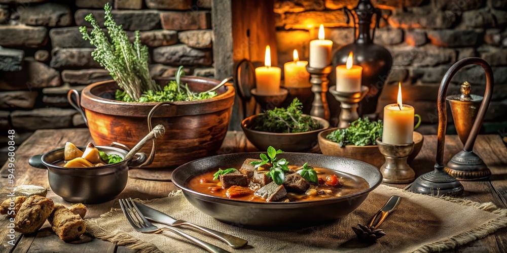 Fototapeta premium cozy intimate candlelit dinner warm tones lamb stew raw herbs stone walls vintage silverware soft focus