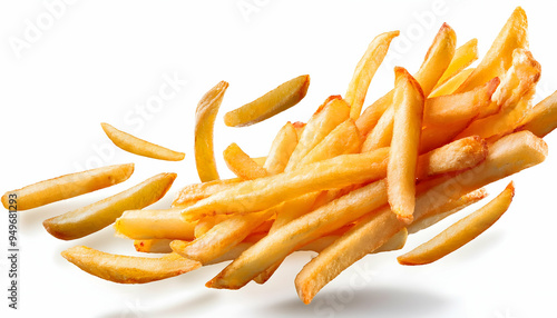 Crispy golden-brown french fries, floating in mid-air against a white background, delicious tasty yummy salt perfect for fast food advertising.