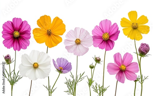 Assortment of colorful cosmos flowers isolated on white background.