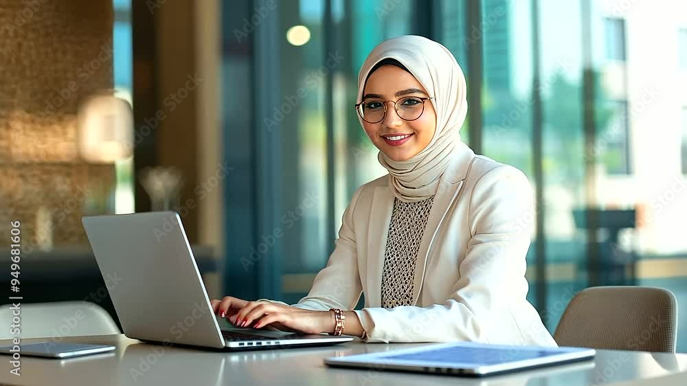 hijabi woman in a white suit and glasses is seated at a table in an office café area, working on her laptop and smiling at the camera, portraying a blend of professionalism and approachability in a co hijabi woman in a white suit and glasses is seated at a table in an office café area, working on her laptop and smiling at the camera, portraying a blend of professionalism and approachability in a co