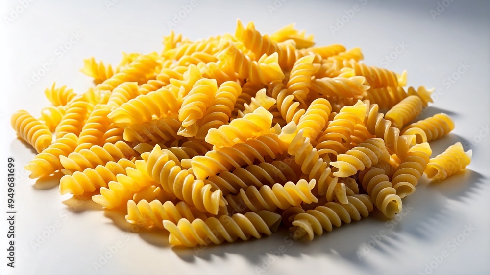 Tangled mess of al dente fusilli pasta on a seamless white background, with bold shadows, and a touch of moody dramatic lighting for a sense of sophistication. Tangled mess of al dente fusilli pasta on a seamless white background, with bold shadows, and a touch of moody dramatic lighting for a sense of sophistication.