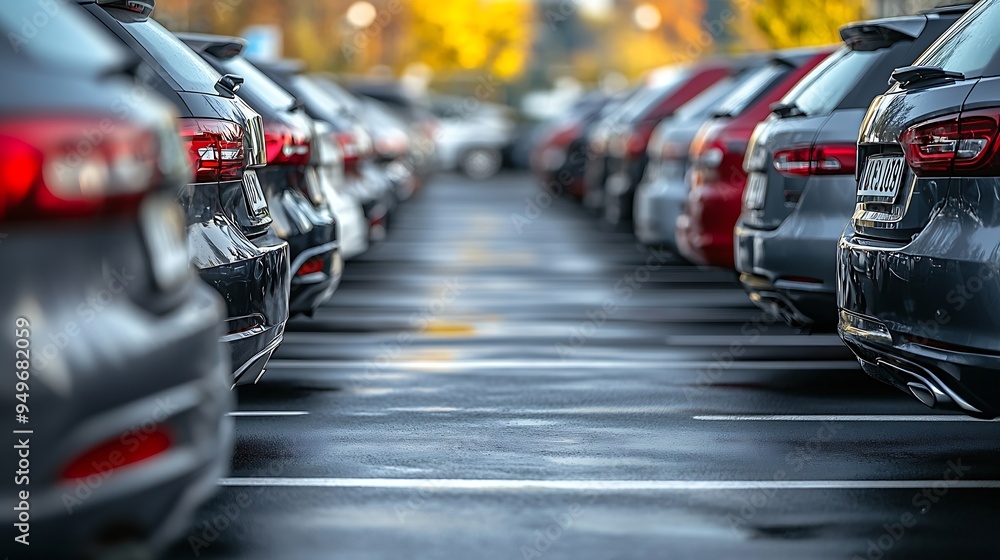 Row of Automobiles cars parked neatly in Parking lot area on the Street perspective side view with Copy Space : Generative AI Row of Automobiles cars parked neatly in Parking lot area on the Street perspective side view with Copy Space : Generative AI