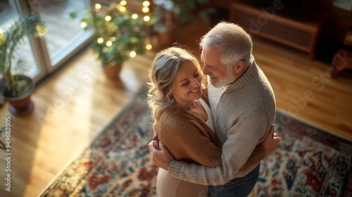 Happy affectionate romantic middle aged mature couple dancing at home Senior older man and woman in love standing in modern house living room enjoying dance Candid photo Top view from  : Generative AI