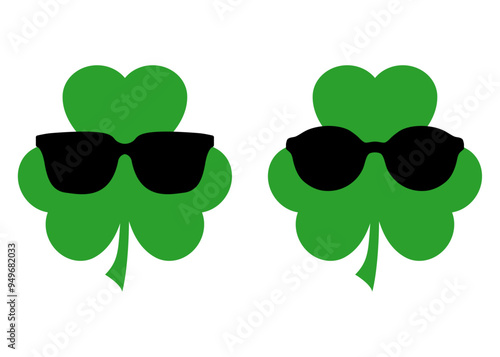 Día de San Patricio. Logo grupo de tréboles de 3 hojas con gafas de sol