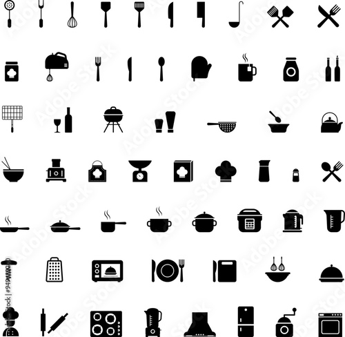 Kitchen utensils, small and large appliances icons set. Kitchen icons, including stove, frying pens, bowls, pots, dishes and various utensils