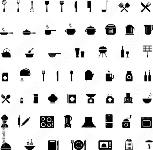 Kitchen utensils, small and large appliances icons set. Kitchen icons, including stove, frying pens, bowls, pots, dishes and various utensils