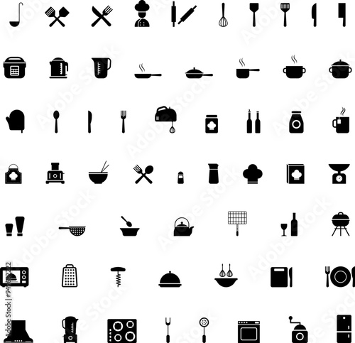 Kitchen utensils, small and large appliances icons set. Kitchen icons, including stove, frying pens, bowls, pots, dishes and various utensils