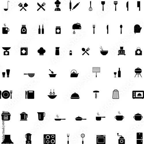 Kitchen utensils, small and large appliances icons set. Kitchen icons, including stove, frying pens, bowls, pots, dishes and various utensils