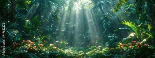 Amazon Rainforest Canopy A dense, vibrant jungle scene teeming with life, sunlight filtering through the leaves onto the forest floor.