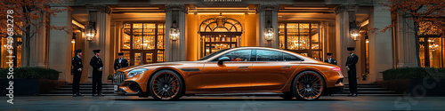 Modern Luxury Car Parked in Front of Opulent Hotel Entrance, Evening Time, Warm Lights, Elegant Style, Sophisticated Mood