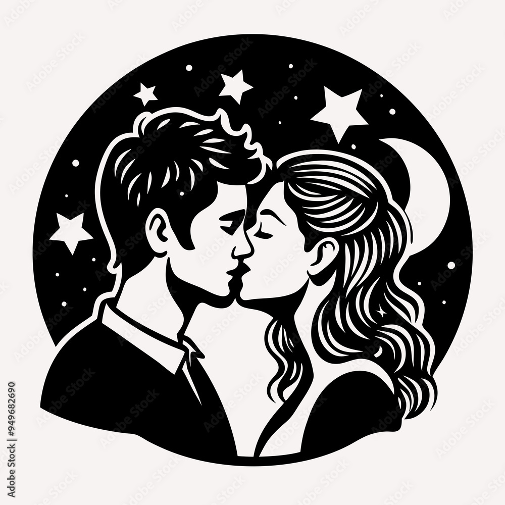 Kissing Young People Against a Starry Sky with Moon and Stars Kissing Young People Against a Starry Sky with Moon and Stars