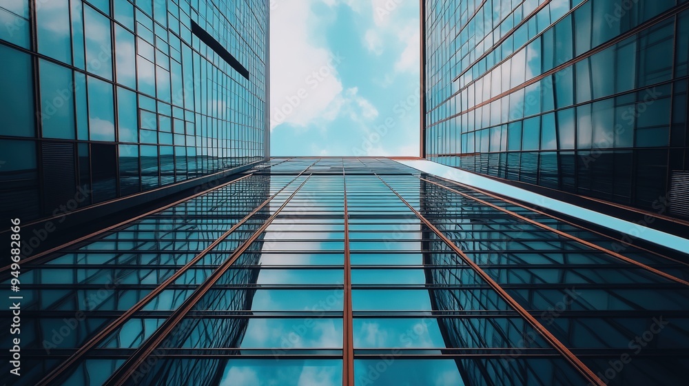 Obraz premium Photo of a Skyscraper with Modern Architectural Design, Featuring an Array of Windows. The Building's Sleek and Contemporary Facade Highlights Its Innovative Design and Urban Sophistication