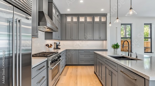 Spacious newly renovated kitchen with gray cabinets light wood floors and builtin stainless steel appliances : Generative AI photo