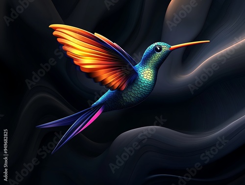 Elegant 3D vector hummingbird logo in vivid colors, flying through a dark, abstract background. High-definition and ultra HD clarity. photo