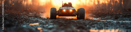 Remote-controlled off-road vehicle driving through muddy trail at sunset with vibrant orange sky, adventurous and rugged